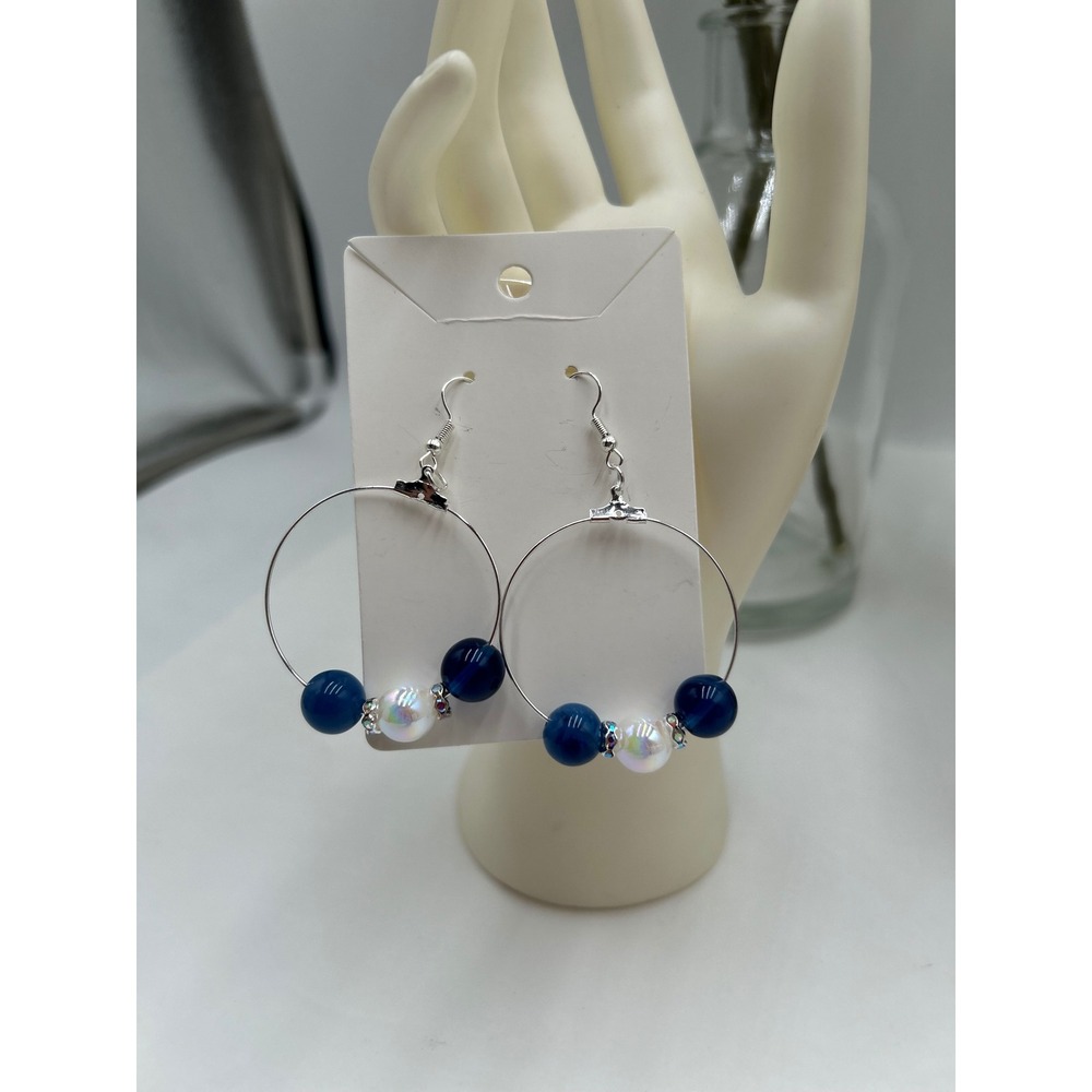 Michael Kors Upcycled Silk Tie Statement Necklace & Beaded Hoop Earring Set Blue - Picture 12 of 12